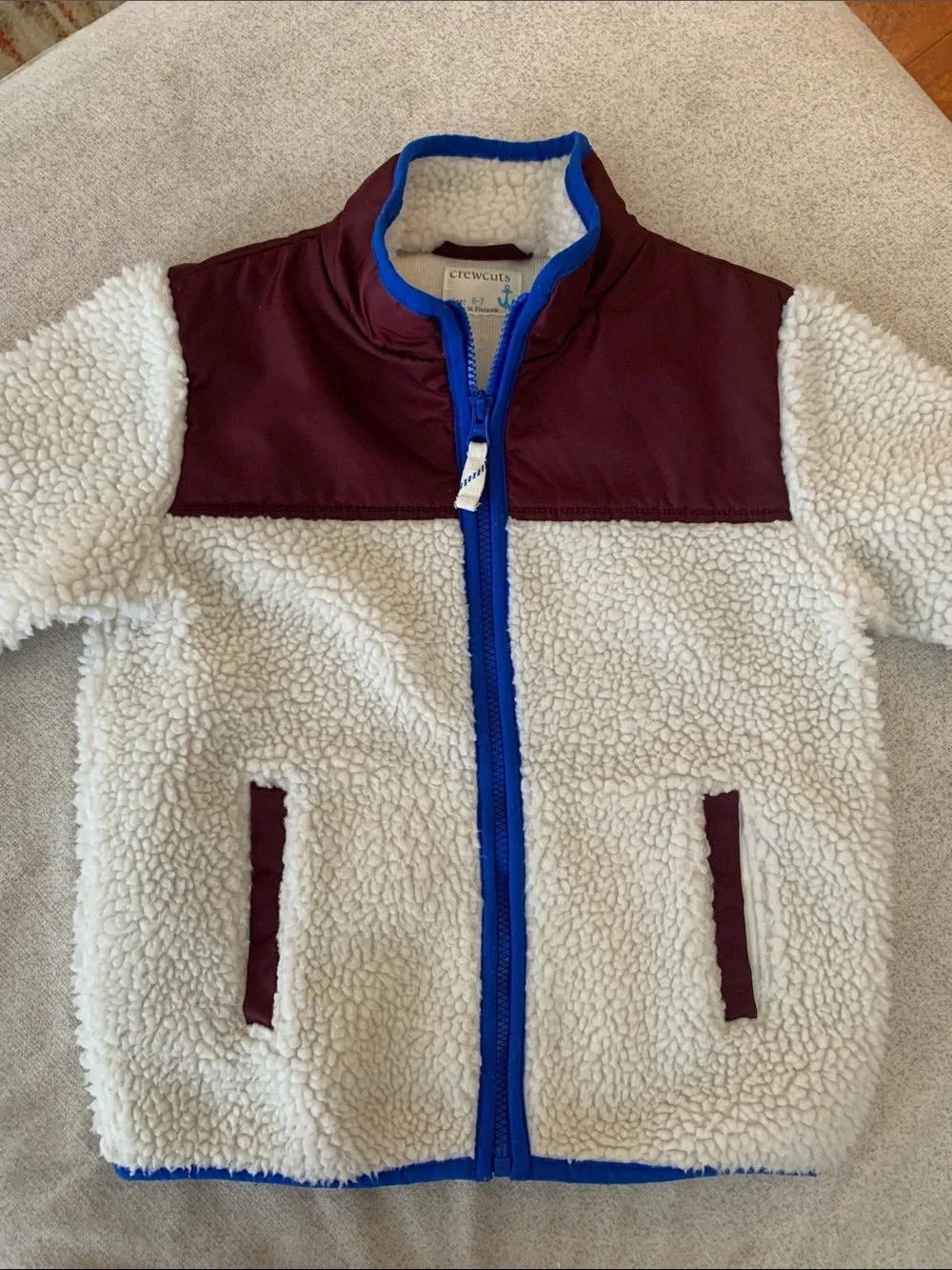 Crewcuts Youth Cream Sherpa Jacket with Burgundy Yoke and Blue Trim